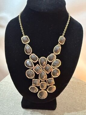 Gold-Tone Statement Necklace with Smoky Gray Faceted Stones